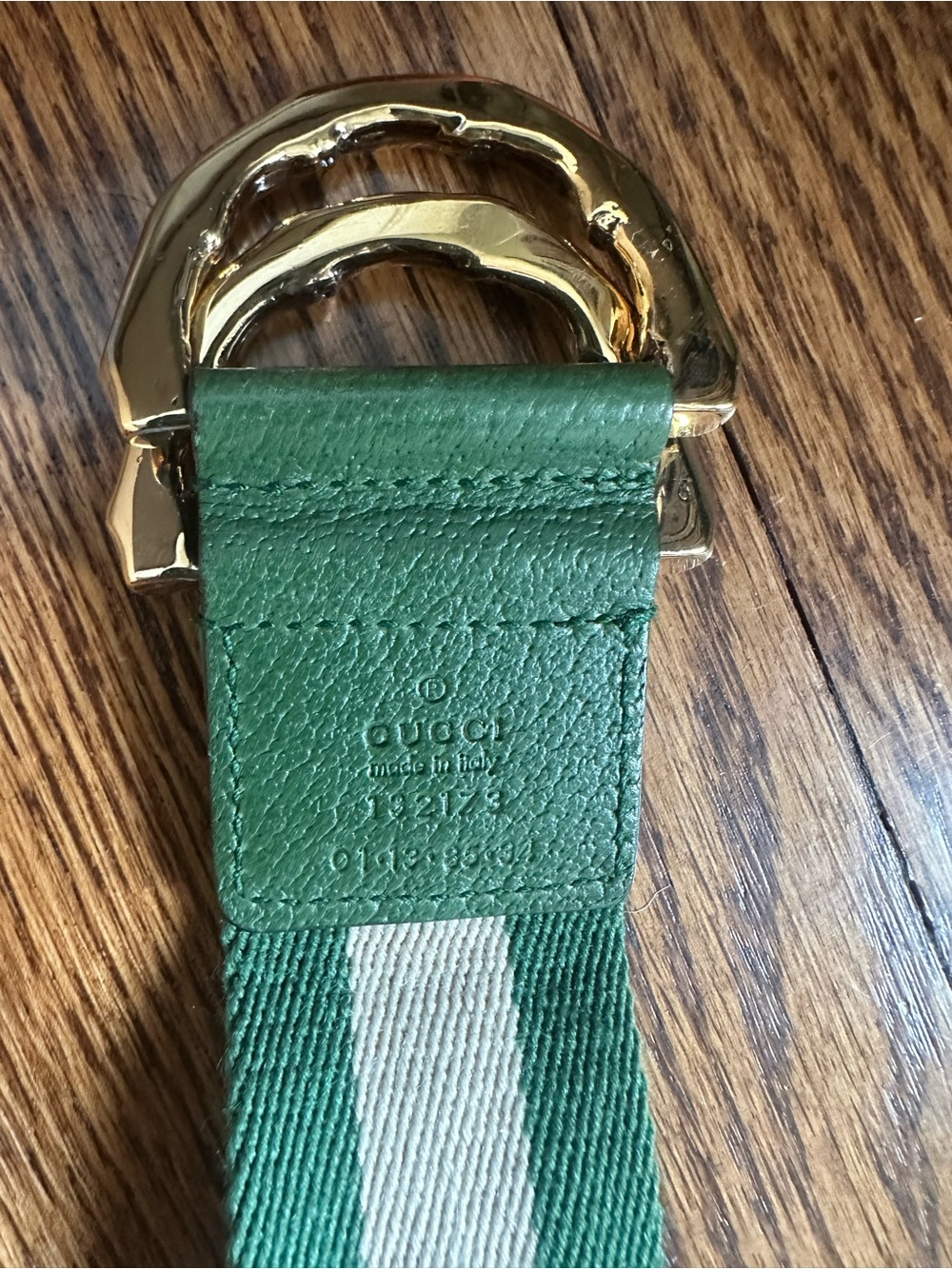 Gucci Green and Cream Web Stripe Belt with Gold Buckle
